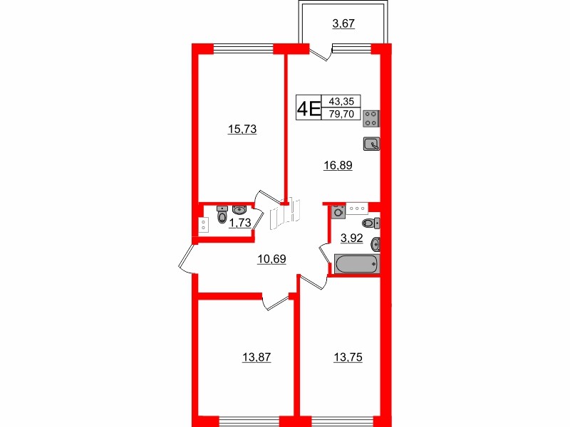 Квартира в ЖК Счастье 2.0, 3 комнатная, 79.7 м², 4 этаж