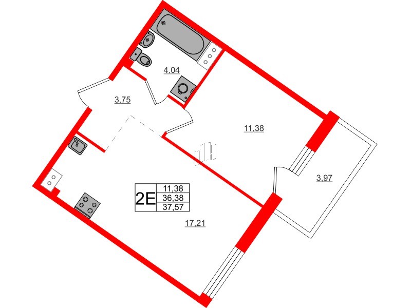 Квартира в ЖК Счастье 2.0, 1 комнатная, 37.57 м², 4 этаж