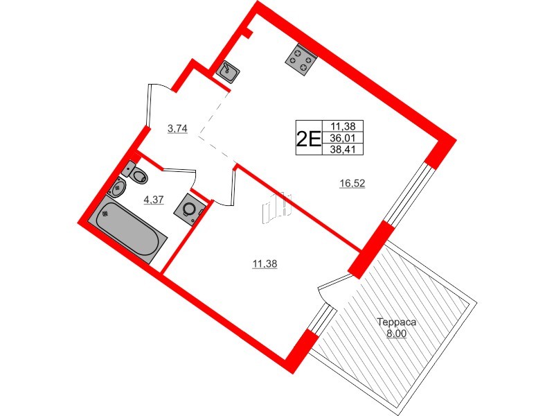 Квартира в ЖК Счастье 2.0, 1 комнатная, 38.41 м², 1 этаж