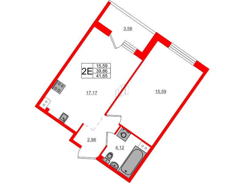 Квартира в ЖК Счастье 2.0, 1 комнатная, 41.65 м², 2 этаж