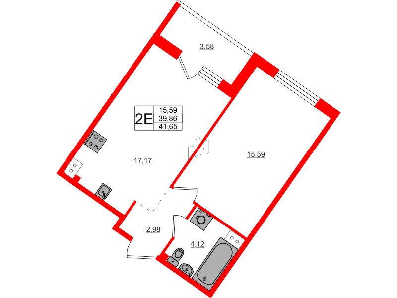 Квартира в ЖК Счастье 2.0, 1 комнатная, 41.65 м², 3 этаж