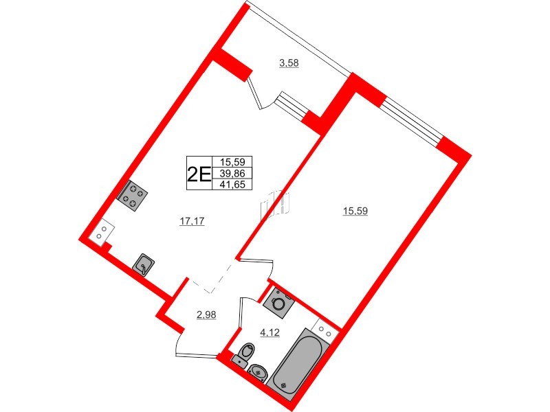 Квартира в ЖК Счастье 2.0, 1 комнатная, 41.65 м², 5 этаж