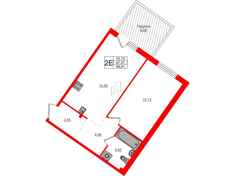 Квартира в ЖК Счастье 2.0, 1 комнатная, 49.41 м², 1 этаж