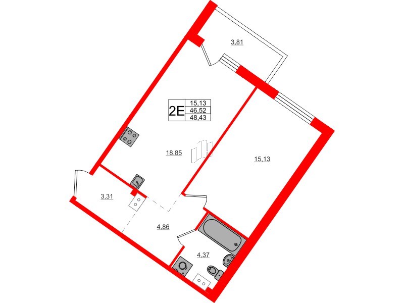 Квартира в ЖК Счастье 2.0, 1 комнатная, 48.43 м², 2 этаж