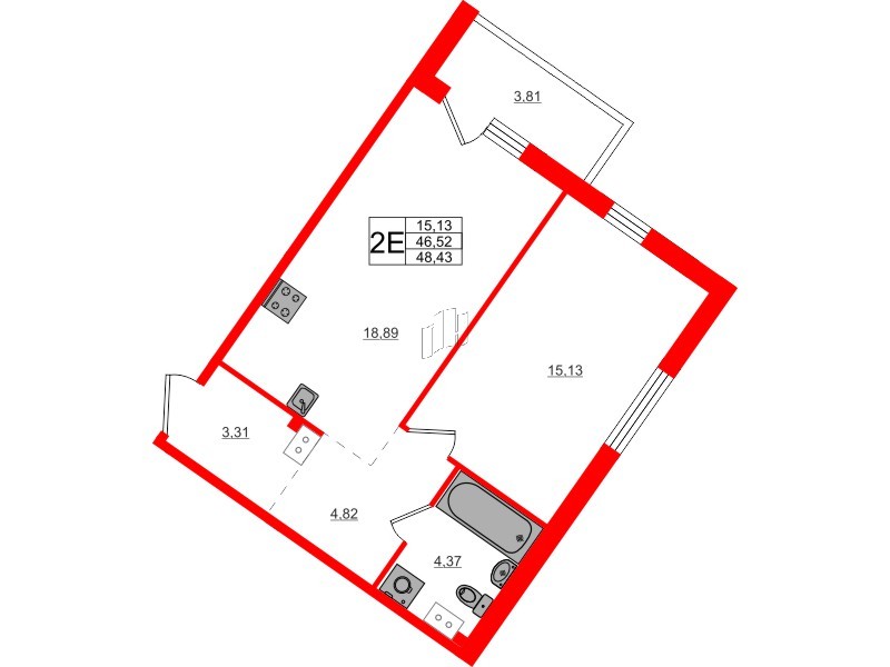 Квартира в ЖК Счастье 2.0, 1 комнатная, 48.43 м², 5 этаж
