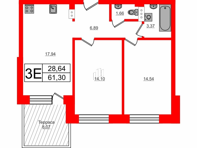 Квартира в ЖК Счастье 2.0, 2 комнатная, 61.3 м², 1 этаж