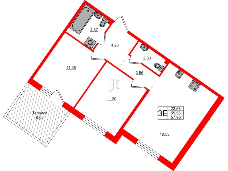 Квартира в ЖК Счастье 2.0, 2 комнатная, 57.96 м², 1 этаж