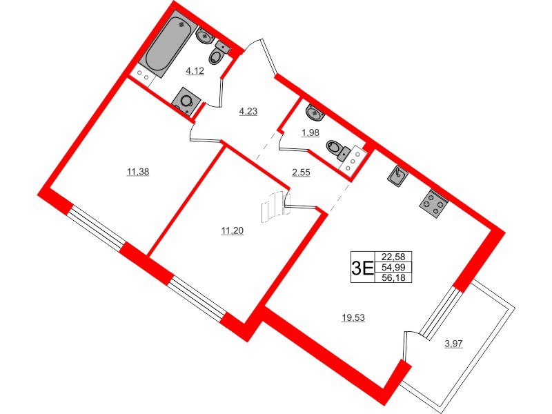 Квартира в ЖК Счастье 2.0, 2 комнатная, 56.18 м², 4 этаж