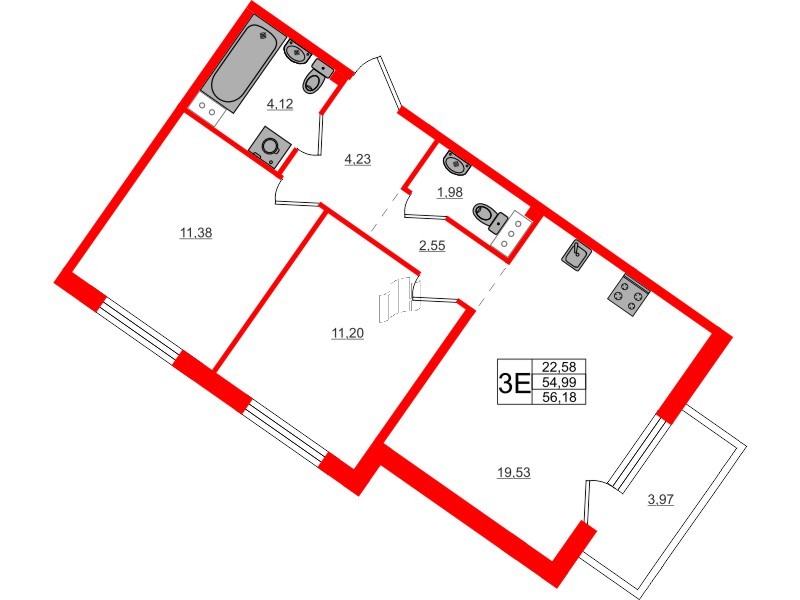 Квартира в ЖК Счастье 2.0, 2 комнатная, 56.18 м², 5 этаж