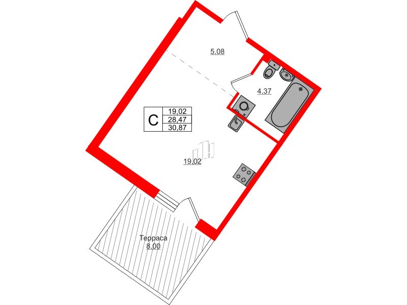 Квартира в ЖК Счастье 2.0, студия, 30.87 м², 1 этаж