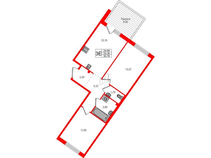 Квартира в ЖК Счастье 2.0, 2 комнатная, 55.78 м², 1 этаж