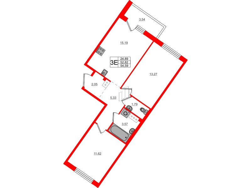 Квартира в ЖК Счастье 2.0, 2 комнатная, 54.59 м², 4 этаж