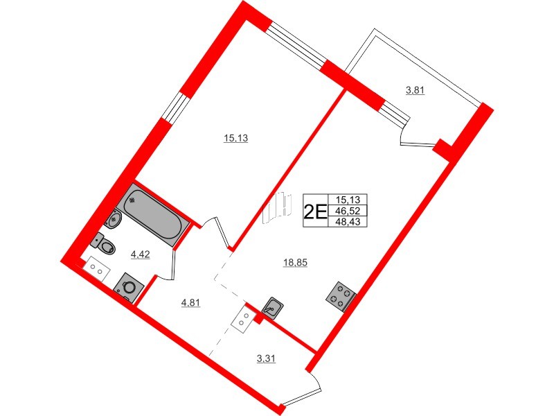 Квартира в ЖК Счастье 2.0, 1 комнатная, 48.43 м², 2 этаж
