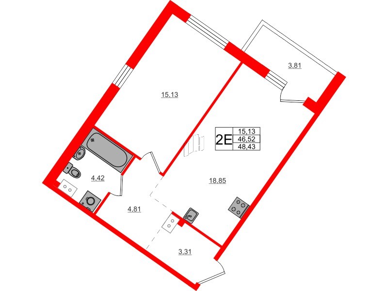 Квартира в ЖК Счастье 2.0, 1 комнатная, 48.43 м², 3 этаж