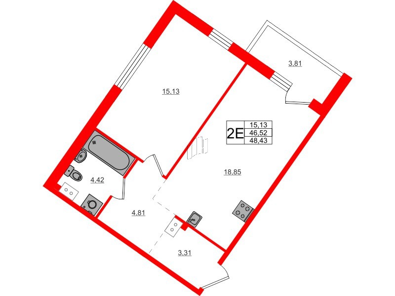 Квартира в ЖК Счастье 2.0, 1 комнатная, 48.43 м², 5 этаж