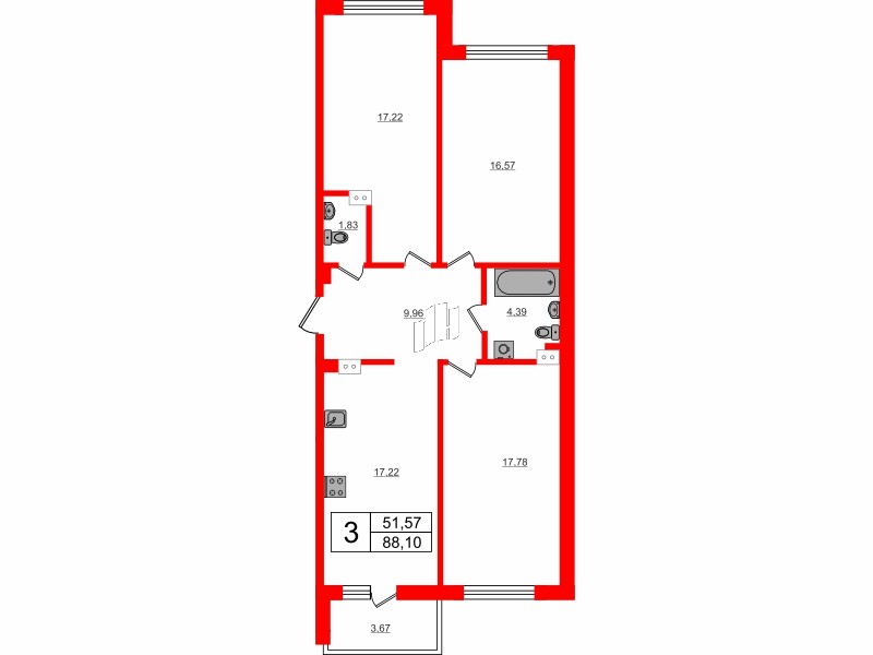 Квартира в ЖК Счастье 2.0, 3 комнатная, 88.1 м², 4 этаж