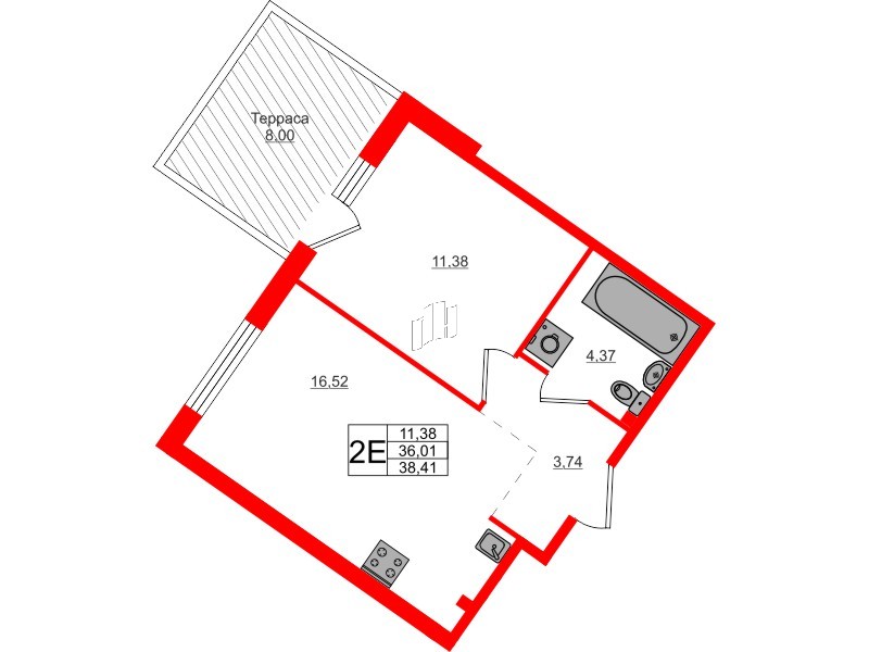 Квартира в ЖК Счастье 2.0, 1 комнатная, 38.41 м², 1 этаж