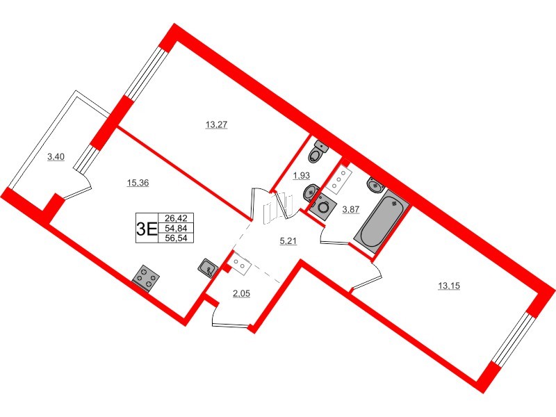 Квартира в ЖК Счастье 2.0, 2 комнатная, 56.54 м², 2 этаж