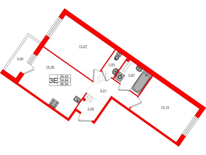 Квартира в ЖК Счастье 2.0, 2 комнатная, 56.54 м², 5 этаж