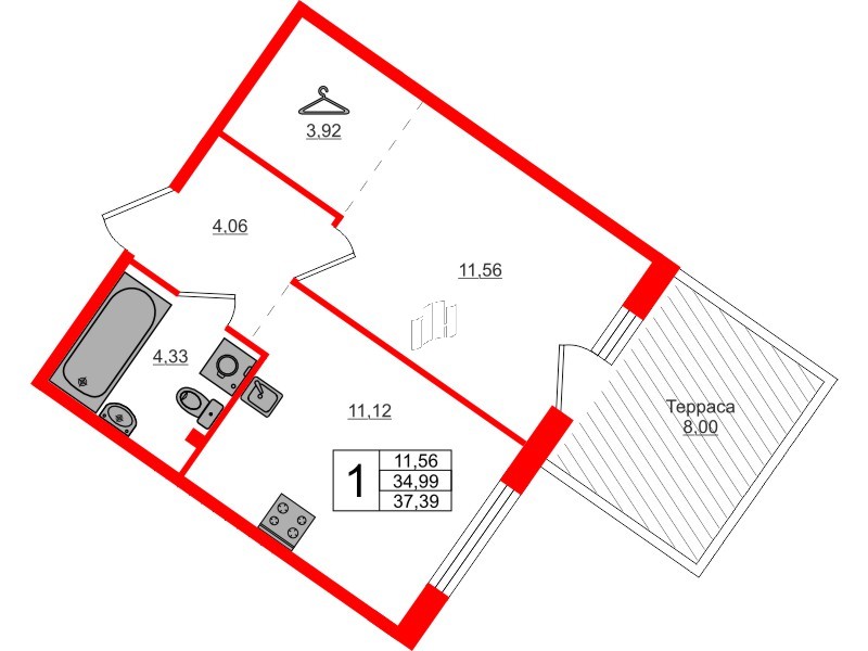 Квартира в ЖК Счастье 2.0, 1 комнатная, 37.39 м², 1 этаж