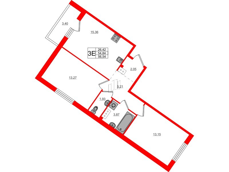 Квартира в ЖК Счастье 2.0, 2 комнатная, 56.9 м², 4 этаж