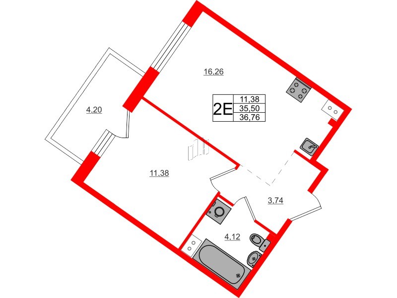 Квартира в ЖК Счастье 2.0, 1 комнатная, 36.85 м², 3 этаж