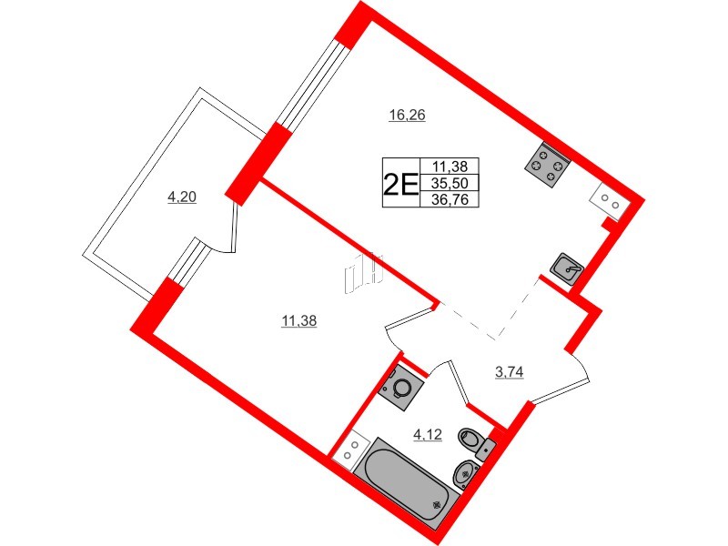 Квартира в ЖК Счастье 2.0, 1 комнатная, 36.85 м², 5 этаж