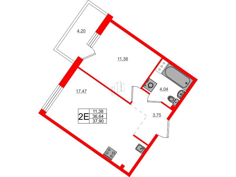 Квартира в ЖК Счастье 2.0, 1 комнатная, 37.57 м², 2 этаж
