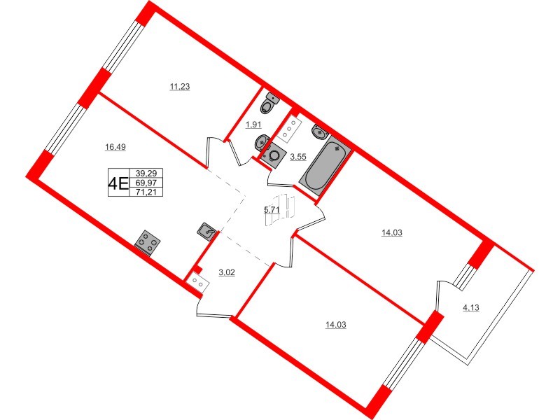 Квартира в ЖК Счастье 2.0, 3 комнатная, 71.28 м², 5 этаж