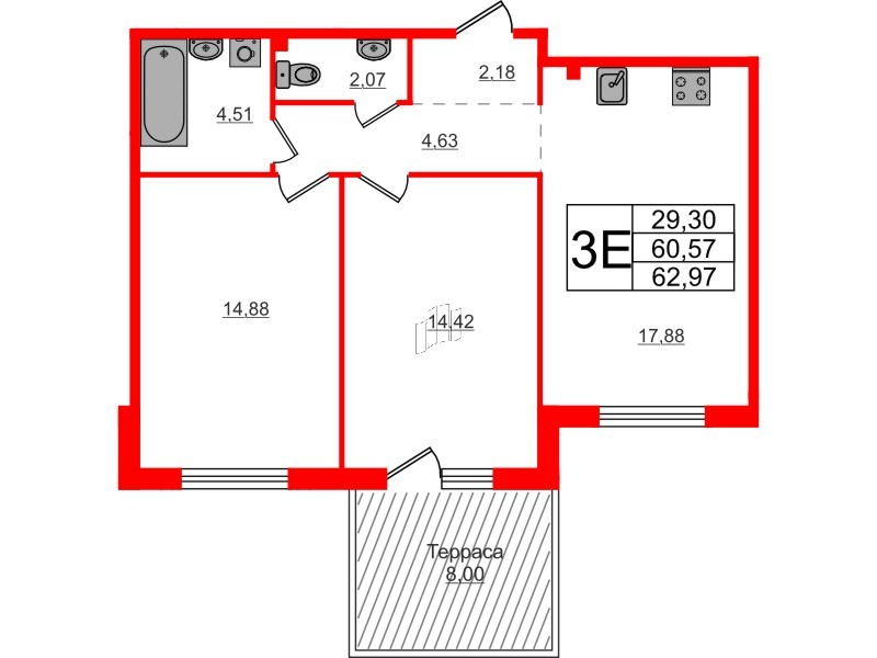 Квартира в ЖК Счастье 2.0, 2 комнатная, 62.97 м², 1 этаж