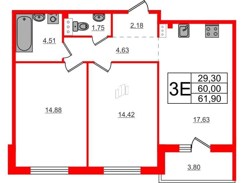 Квартира в ЖК Счастье 2.0, 2 комнатная, 61.9 м², 4 этаж