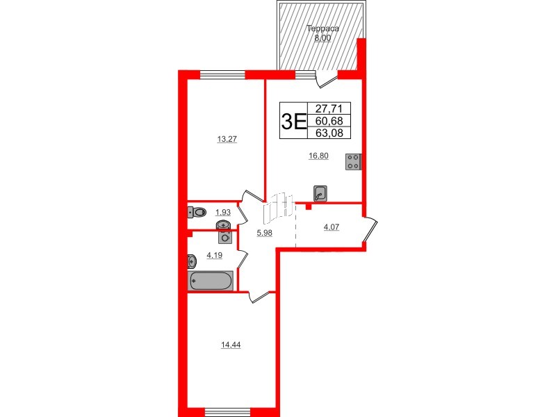 Квартира в ЖК Счастье 2.0, 2 комнатная, 63.08 м², 1 этаж