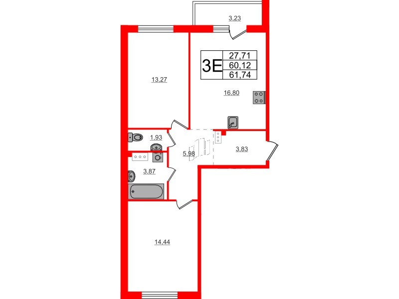 Квартира в ЖК Счастье 2.0, 2 комнатная, 61.74 м², 4 этаж