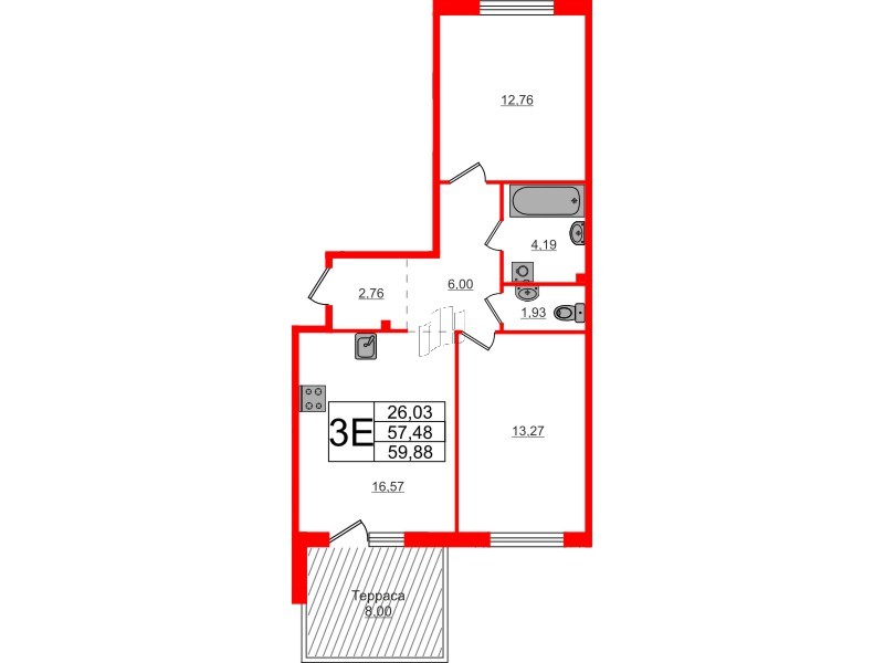 Квартира в ЖК Счастье 2.0, 2 комнатная, 59.88 м², 1 этаж