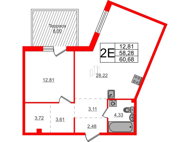 Квартира в ЖК Счастье 2.0, 1 комнатная, 60.68 м², 1 этаж