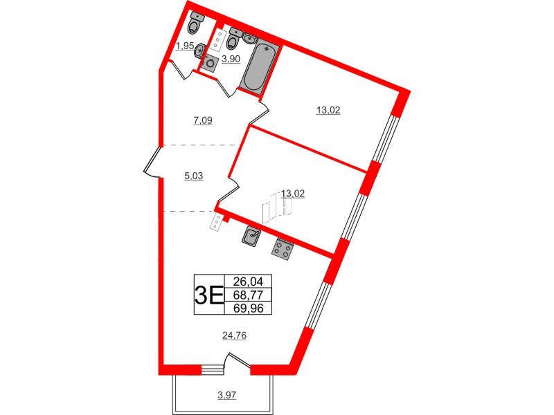Квартира в ЖК Счастье 2.0, 2 комнатная, 69.96 м², 4 этаж