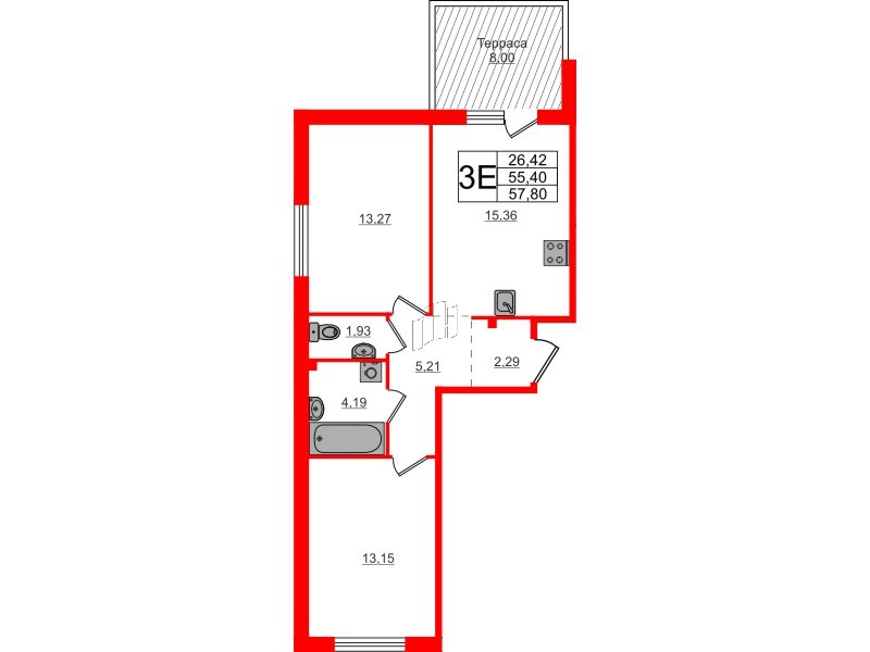 Квартира в ЖК Счастье 2.0, 2 комнатная, 57.8 м², 1 этаж