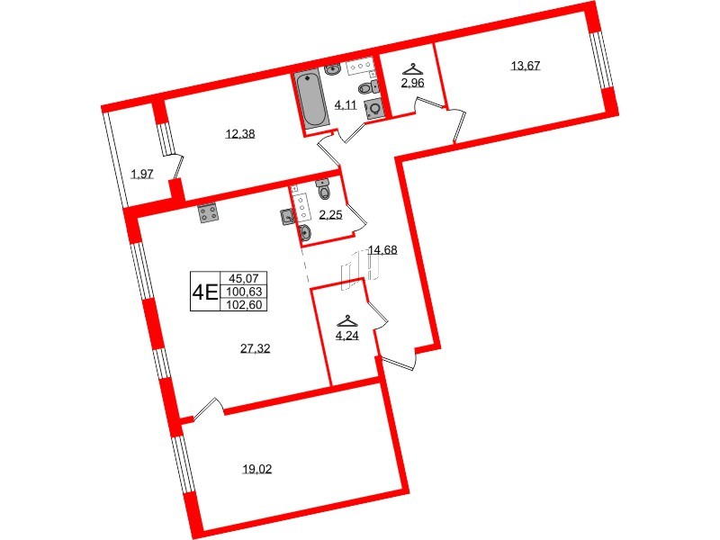 Квартира в ЖК Лисино, 3 комнатная, 102.6 м², 3 этаж