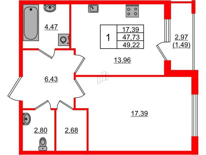 Квартира в ЖК Регенбоген, 1 комнатная, 49.22 м², 2 этаж