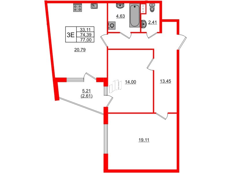 Квартира в ЖК Регенбоген, 2 комнатная, 77 м², 3 этаж