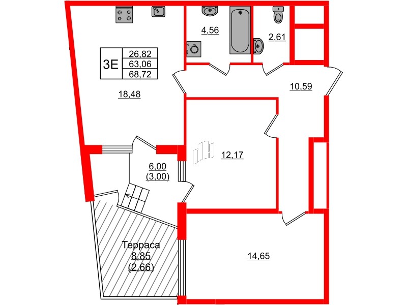 Квартира в ЖК Регенбоген, 2 комнатная, 68.72 м², 2 этаж
