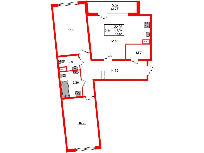 Квартира в ЖК Регенбоген, 2 комнатная, 83.85 м², 3 этаж