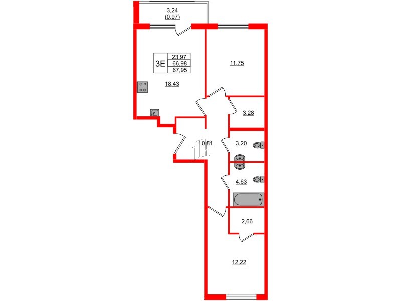 Квартира в ЖК Регенбоген, 2 комнатная, 67.95 м², 2 этаж
