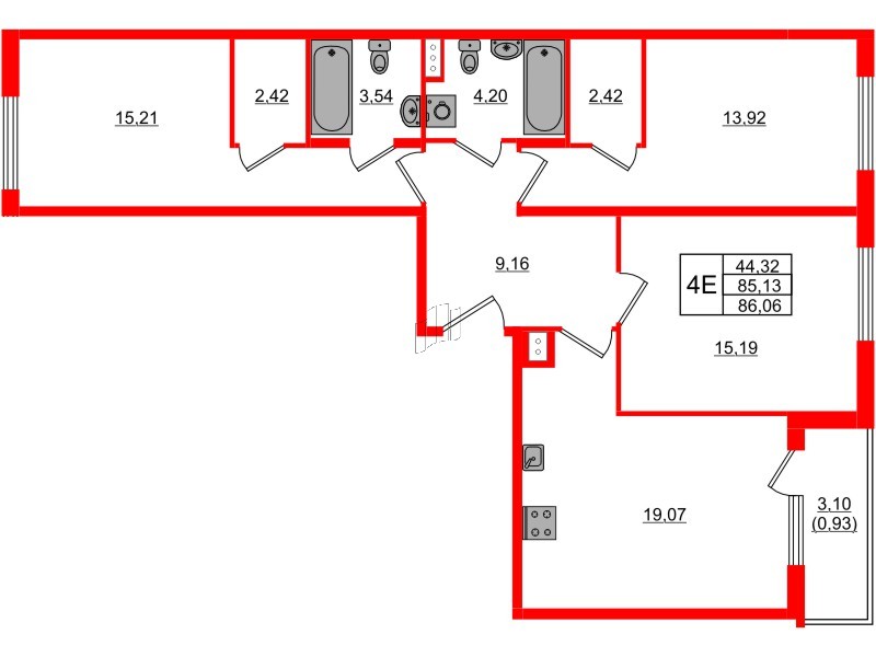 Квартира в ЖК Регенбоген, 3 комнатная, 86.06 м², 4 этаж