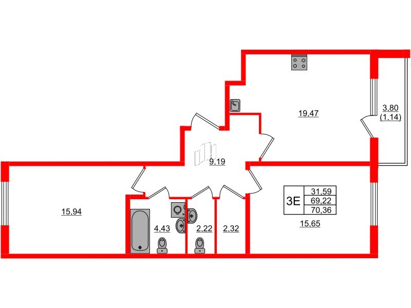 Квартира в ЖК Регенбоген, 2 комнатная, 70.36 м², 2 этаж
