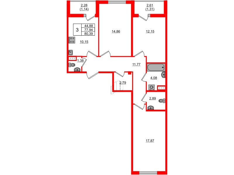 Квартира в ЖК Регенбоген, 3 комнатная, 80.39 м², 3 этаж