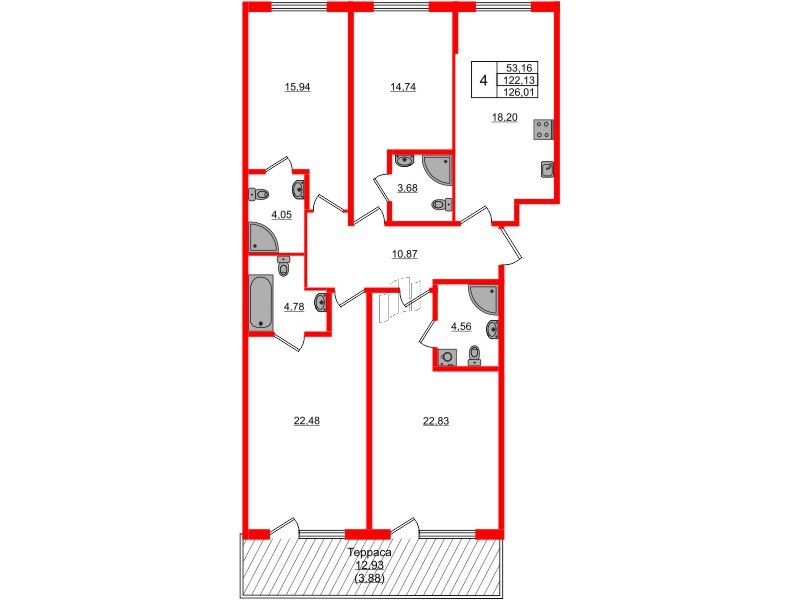 Квартира в ЖК Регенбоген, 3 комнатная, 126.01 м², 1 этаж