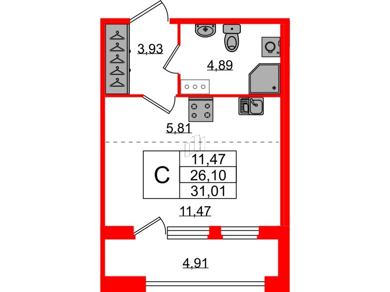 Квартира в ЖК Квартал Б15, студия, 26.1 м², 3 этаж