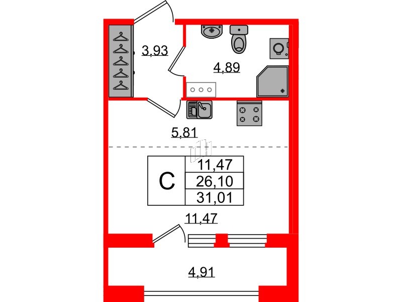 Квартира в ЖК Квартал Б15, студия, 26.1 м², 11 этаж