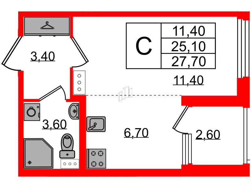 Квартира в ЖК Дубровский, студия, 27.7 м², 2 этаж